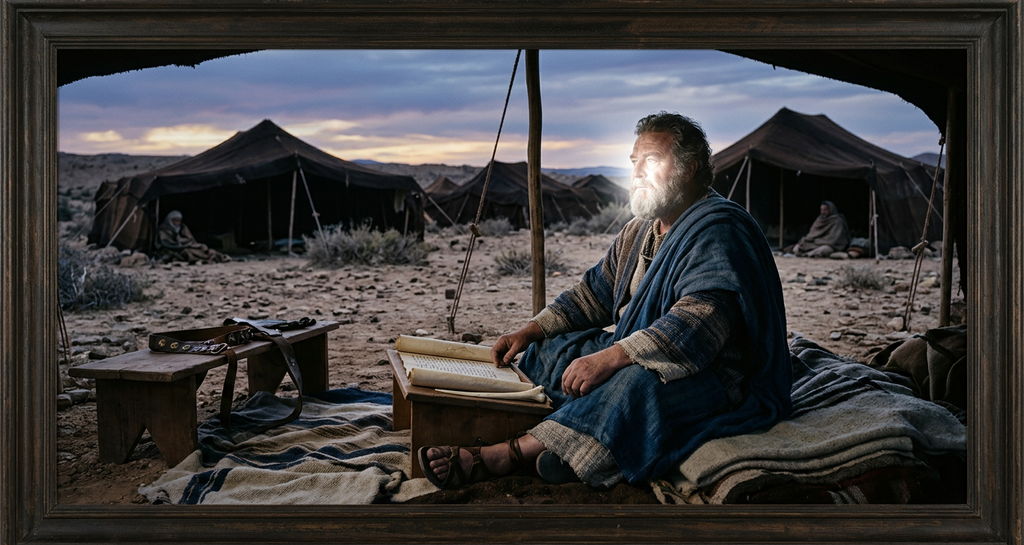 A peaceful camp of nomadic woven tents sits quiet under a darkening twilight sky.