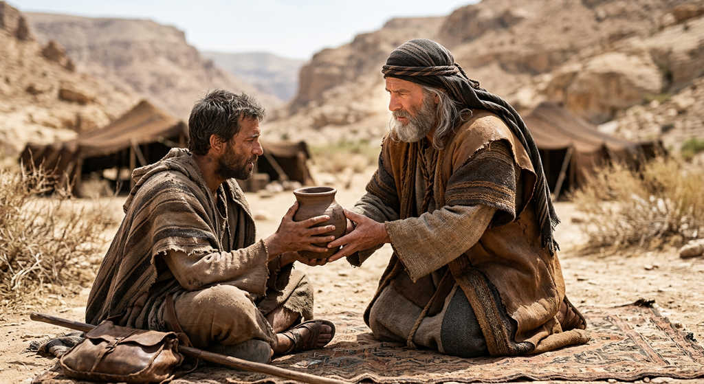 A nomadic man offers a clay vessel of water to a traveler in an arid landscape.