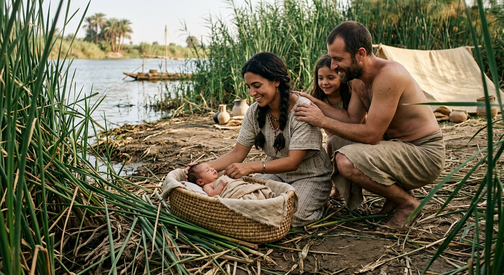 A woven basket rests among tall green reeds along the muddy bank of the Nile River.