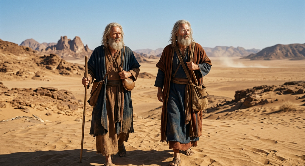 A lone figure walks across a harsh, sun-drenched desert landscape under a clear sky.