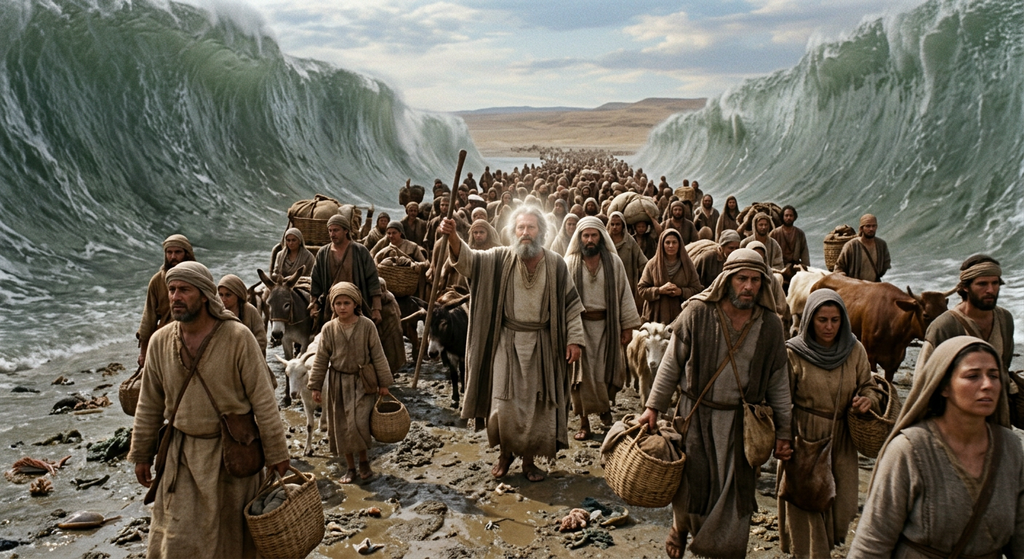 A massive crowd walks along a dry path between towering walls of parted sea water.