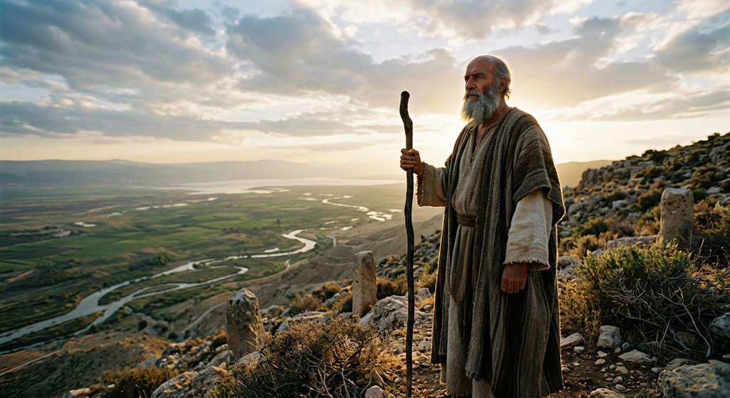 An elderly man with a staff stands on a high mountain ridge overlooking a green valley.