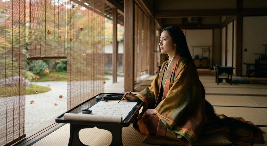 A court lady gazes at falling leaves through a woven bamboo screen beside an inkstone and scroll.