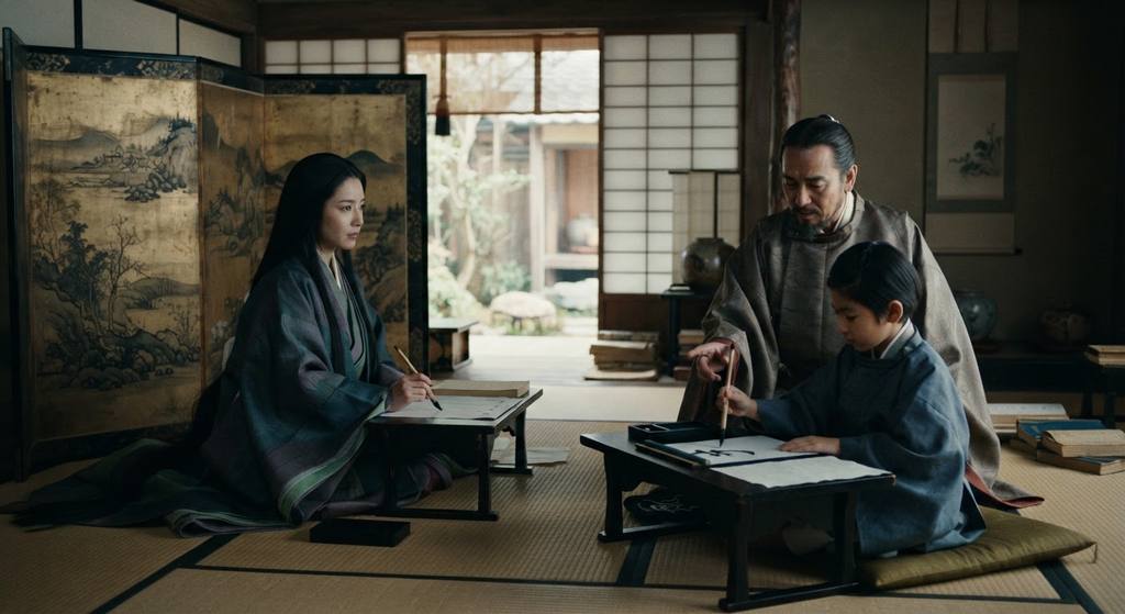 A woman sits behind a lacquered screen while a man instructs a boy in calligraphy.