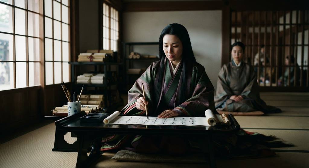 Hand-rolled paper scrolls with black ink calligraphy are laid across a low lacquer writing table.