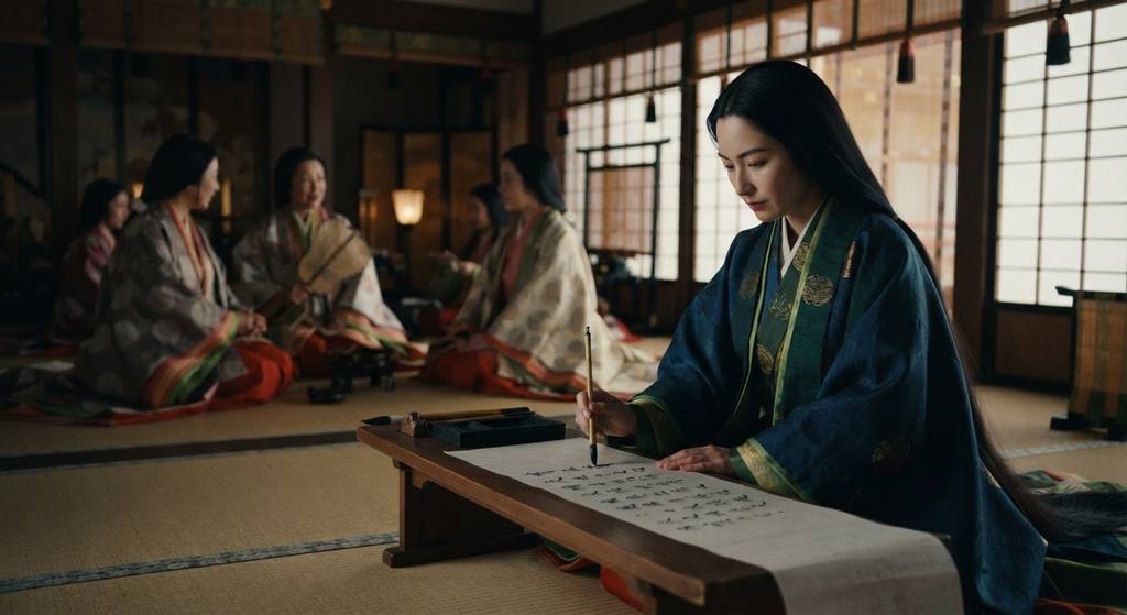 Murasaki Shikibu writes on a scroll while court ladies in silk robes converse in the background.
