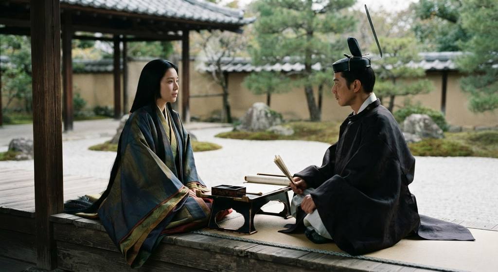 Two Heian court figures converse on a wooden veranda overlooking a stone garden with pine trees.