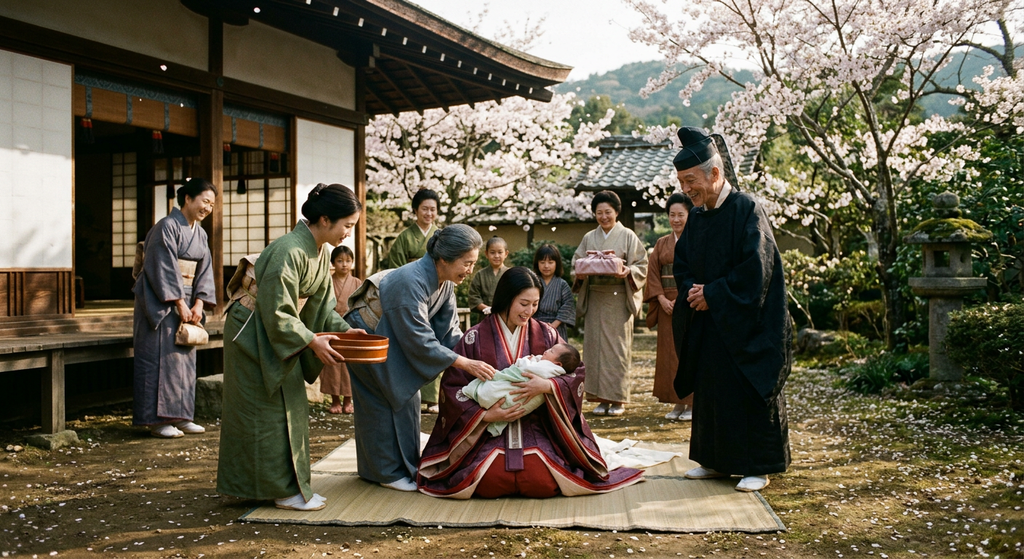 Murasaki Shikibu stands before a wooden Heian estate surrounded by blooming cherry blossom trees in Kyoto.