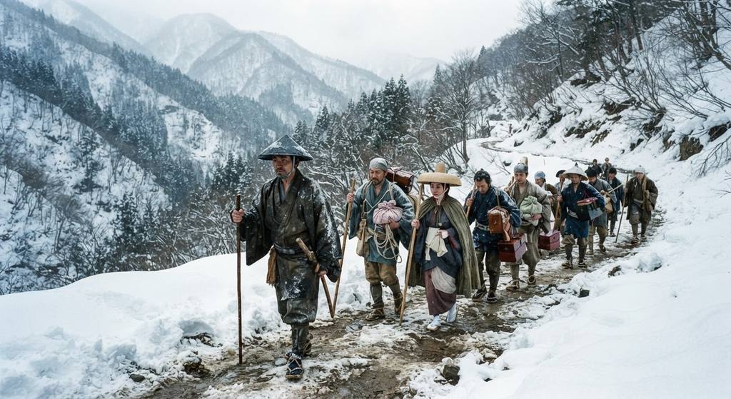 Murasaki Shikibu in layered silk robes walks along a snowy mountain path during a journey in northern Japan.