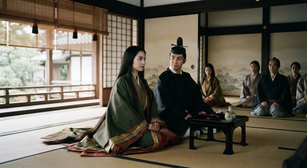 Murasaki Shikibu sits in a traditional room with sliding paper screens and lacquer furniture.