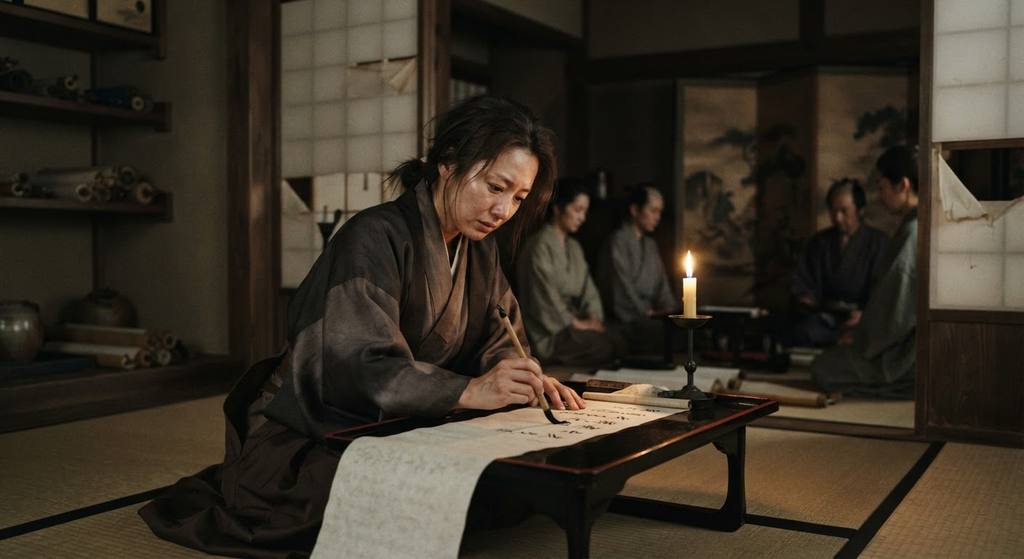 A woman writes with an inkbrush on long paper scrolls by the light of a single candle in a dimly lit room.