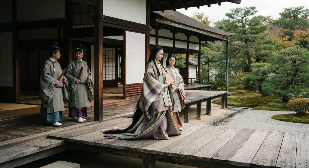 Courtiers in multi-layered silk robes walk along an open wooden veranda in an imperial palace.