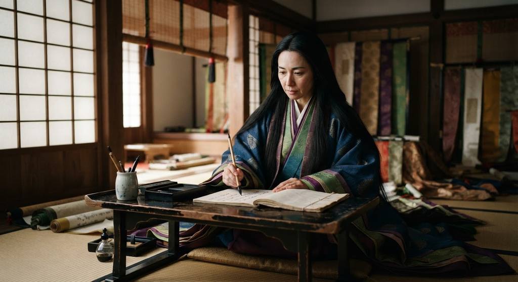 A hand-bound paper diary rests on a wooden floor next to a black lacquer inkstone.