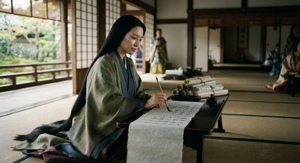 A stack of handwritten scroll volumes is arranged neatly on a low lacquer table.