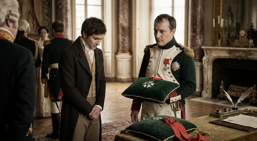 A silver star medal with a green enamel wreath rests on a velvet cushion.