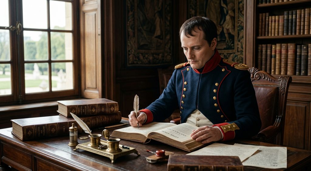 Leather-bound volumes of the Napoleonic Code sit beside a brass inkwell.