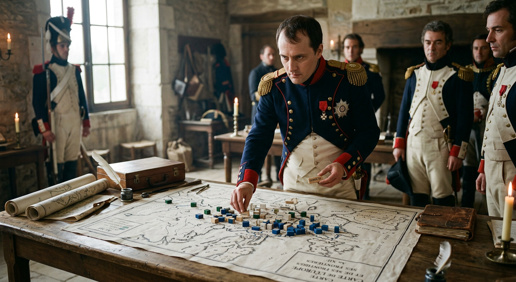 Wooden tactical blocks are arranged on a detailed map of Europe.