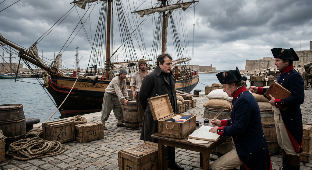 French customs officers inspect merchant vessels at a misty harbor.