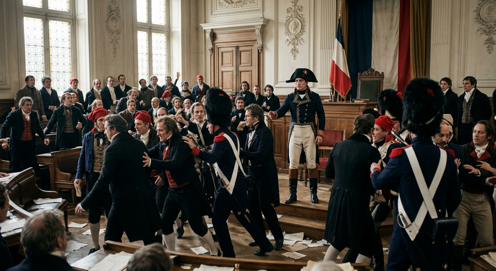 Armed soldiers clear politicians from a chaotic French assembly hall.