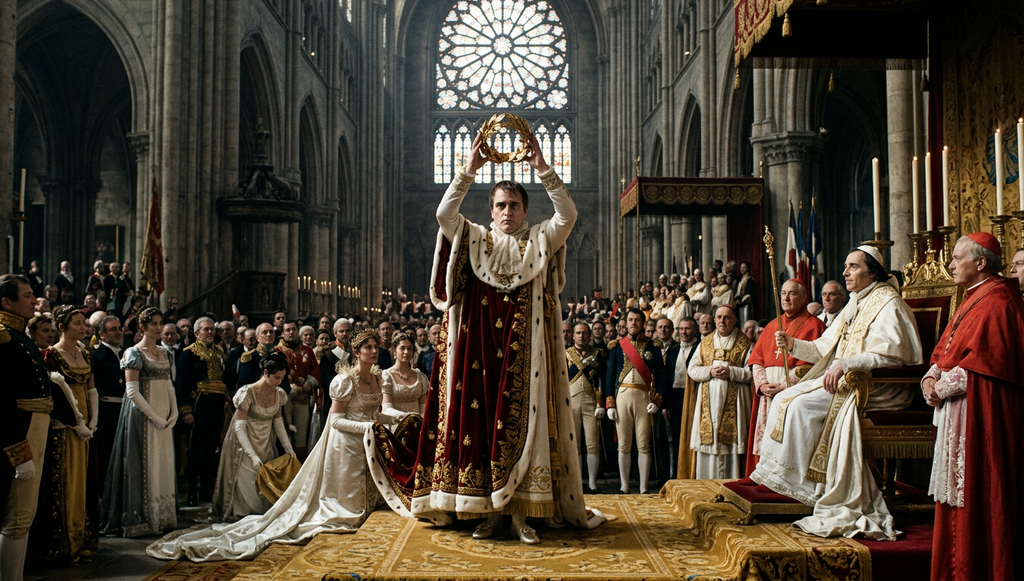 Napoleon stands in Notre Dame Cathedral raising a golden crown above his head.