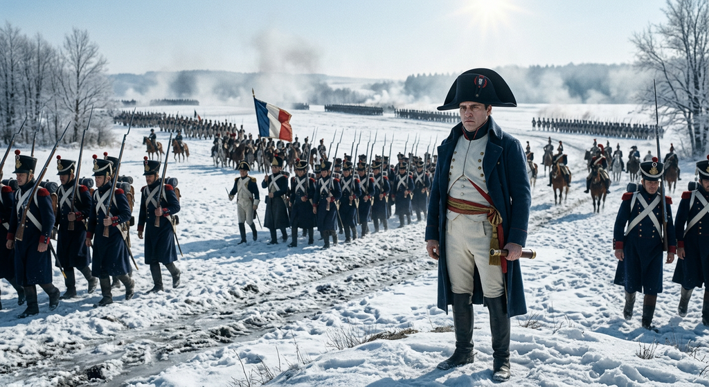 French soldiers march across a snowy battlefield under a bright sun.