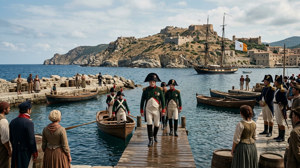 A small ship approaches a rocky Mediterranean island harbor.