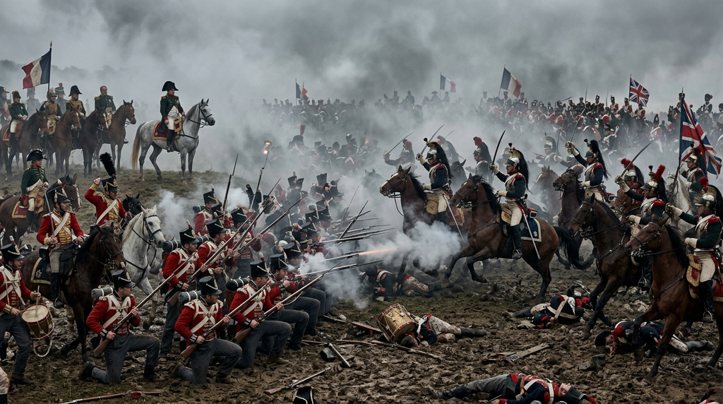 Cavalry charges against infantry squares on a smoke-filled, muddy battlefield.