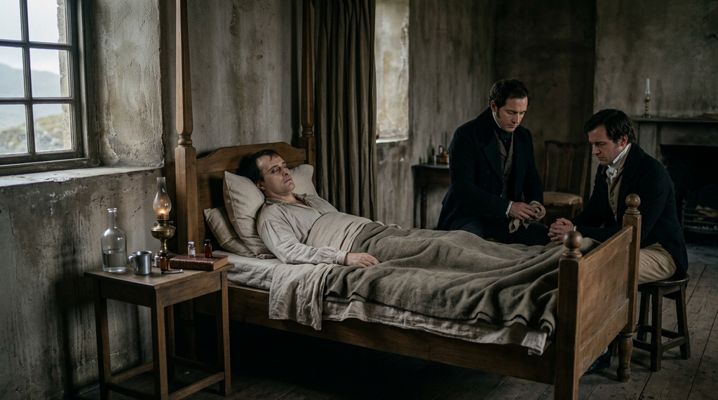 A simple wooden bed sits in a sparsely furnished, damp room.
