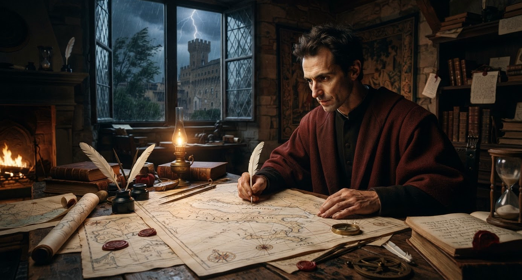 Machiavelli studies detailed sea maps at a wooden desk while a storm rages outside the window.