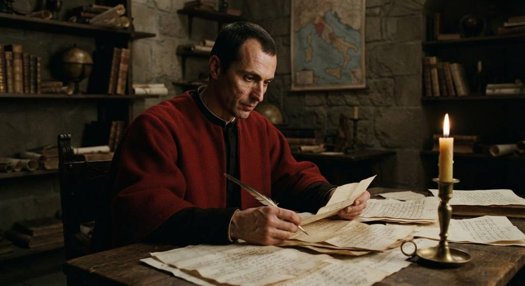 Machiavelli examines parchment letters and intelligence reports by the glow of a candle.