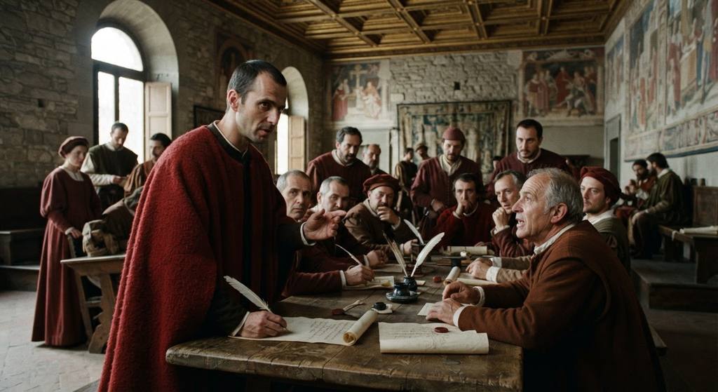 Florentine citizens engage in an intense, heated debate within the ornate Palazzo della Signoria.