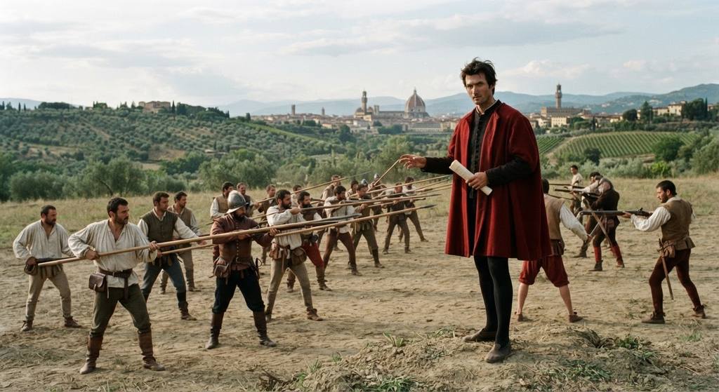 Machiavelli observes a group of citizen militia soldiers training in an open field.