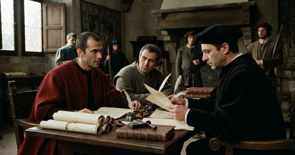 Machiavelli reviews legal decrees with city advisors at a cluttered wooden desk.
