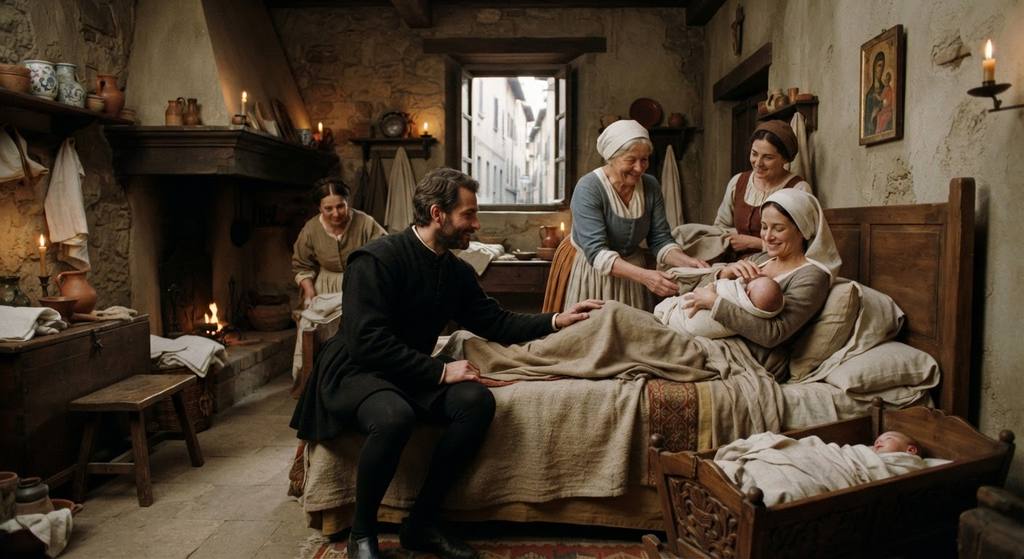 A family gathers on a narrow, sunlit Renaissance street in Florence to celebrate the birth of a newborn infant.