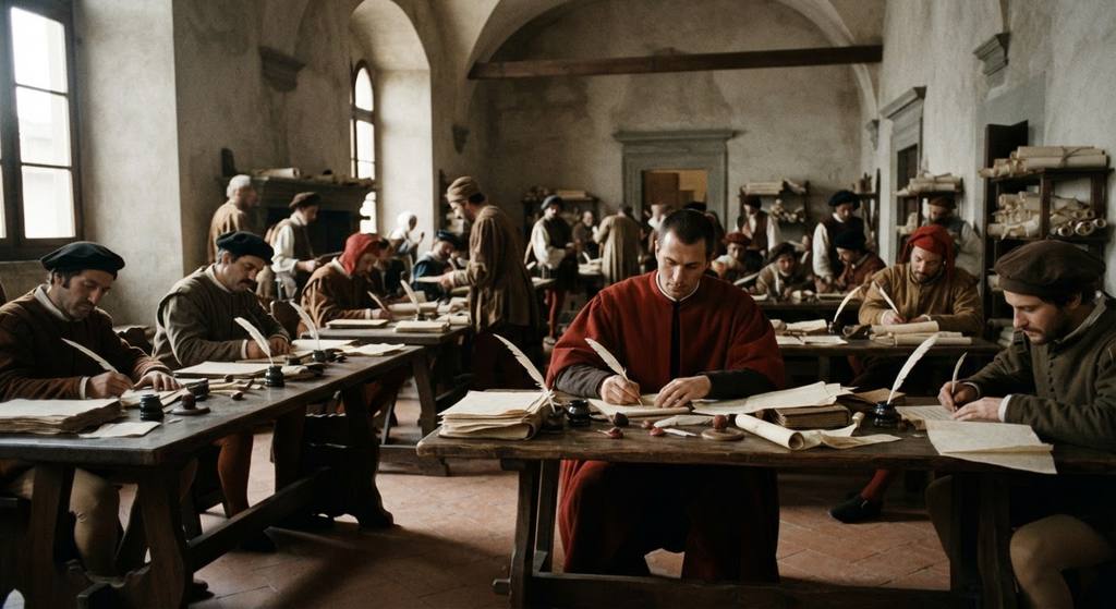 Machiavelli in a red mantle works among clerks in a busy, high-ceilinged hall at the Palazzo Vecchio.