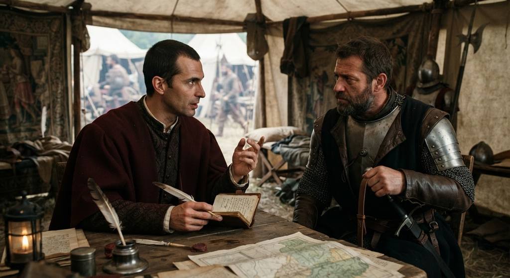 Machiavelli in a red mantle sits inside a canvas tent, conversing with a military commander.