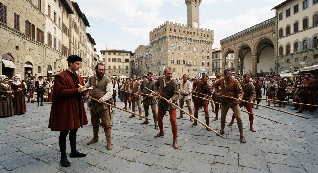 Florentine citizens in period dress practice military drills with long pikes in a central city square.