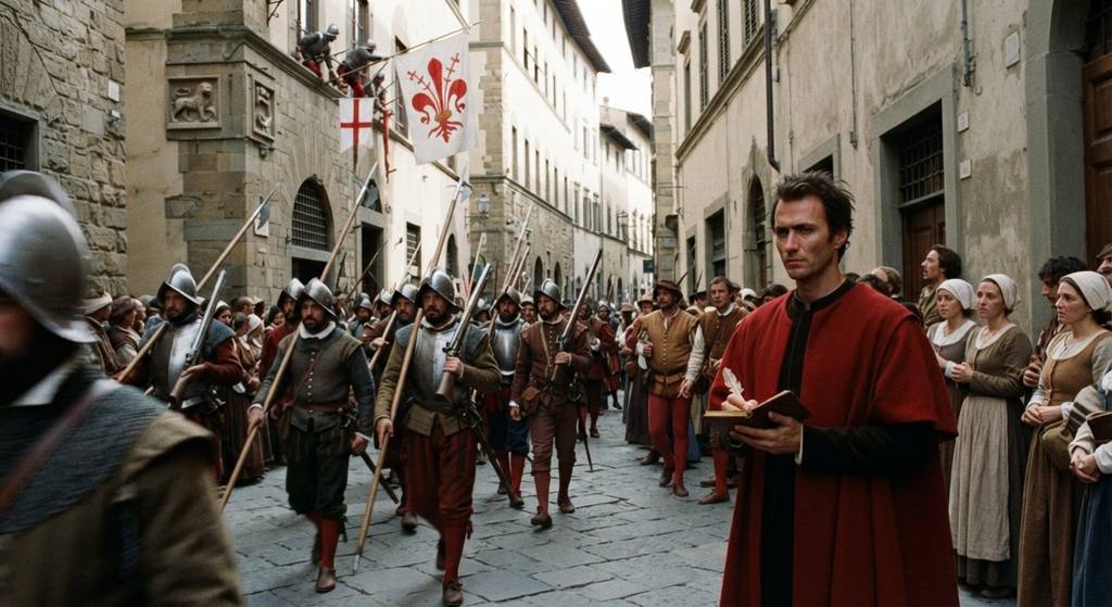 Armed soldiers march through the streets of Florence as banners are raised on stone buildings.