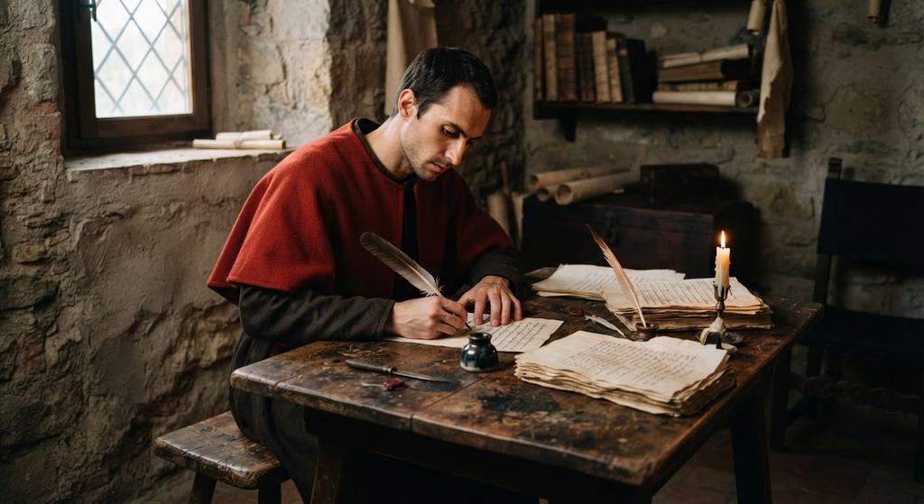 A quill, inkwell, and handwritten manuscripts rest on a wooden desk illuminated by a single candle.