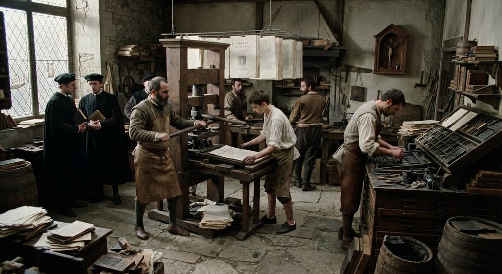 A mechanical printing press stamps pages in a dimly lit, rustic Renaissance workshop.