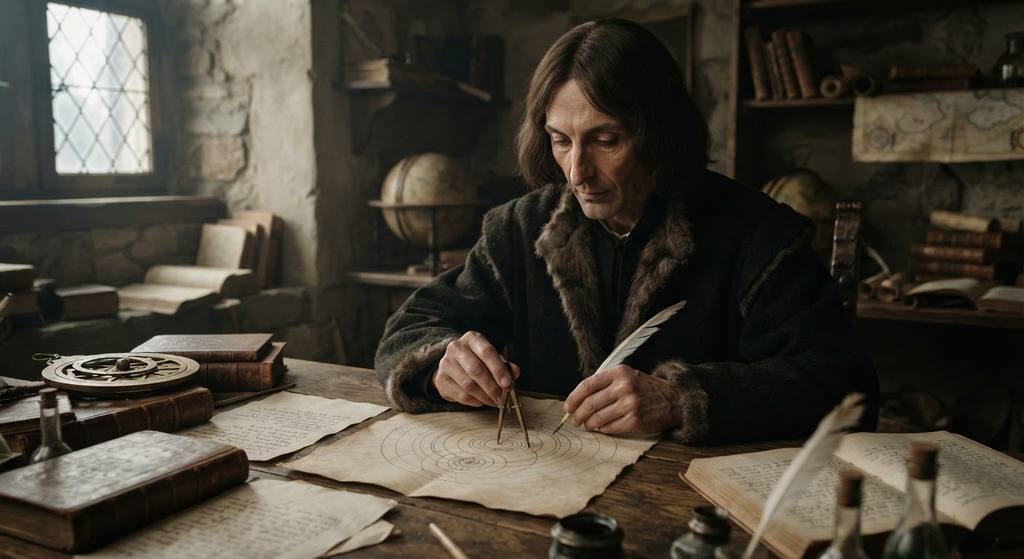 Nicolaus Copernicus uses a brass compass to draw circular diagrams on heavy parchment.