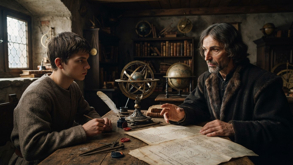 A brass armillary sphere sits beside handwritten mathematical tables of planetary periods.