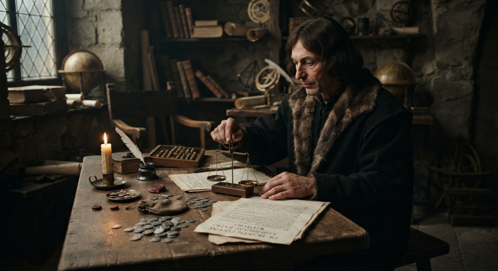 Assay scales, silver coins, and an economic treatise are arranged on a wooden table.