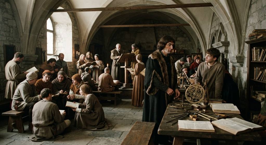 Nicolaus Copernicus stands among students in a vaulted lecture hall filled with astrolabes.