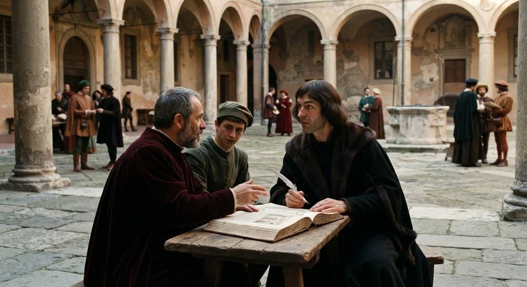 Nicolaus Copernicus walks through a Renaissance university courtyard in Bologna with scholars.