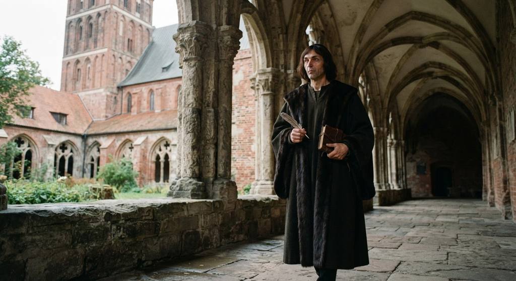 Nicolaus Copernicus walks alone through the stone arcades of a cathedral complex.