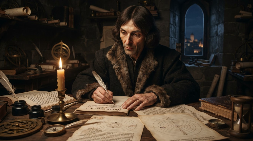 A candlelit desk in a tower room displays handwritten manuscript pages featuring planetary orbits.