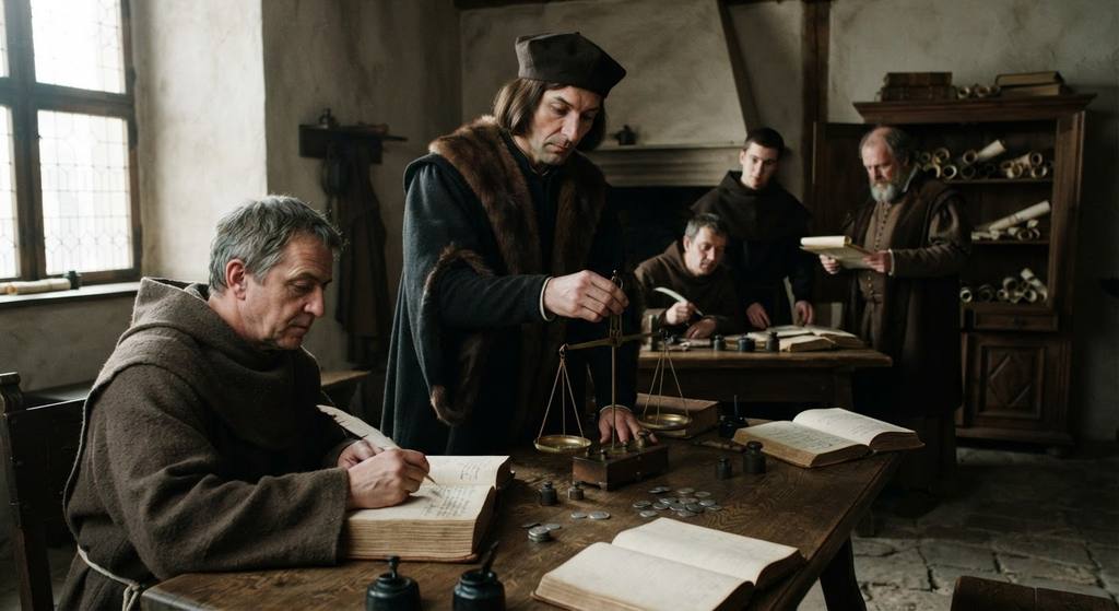 Assay scales and silver coins rest on an administrative table beside open church ledgers.