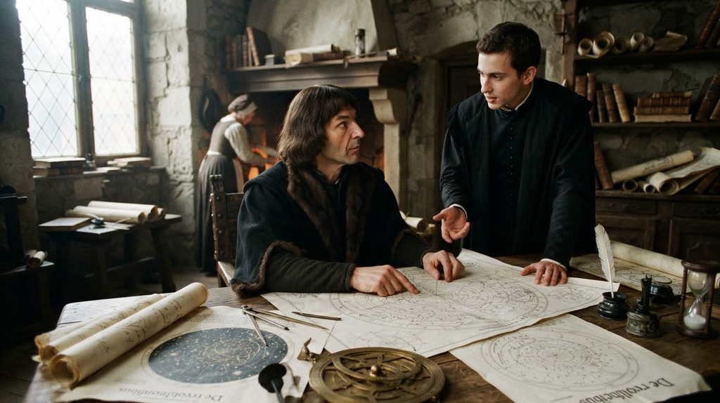 Nicolaus Copernicus and a scholar examine large astronomical charts on a wooden table.