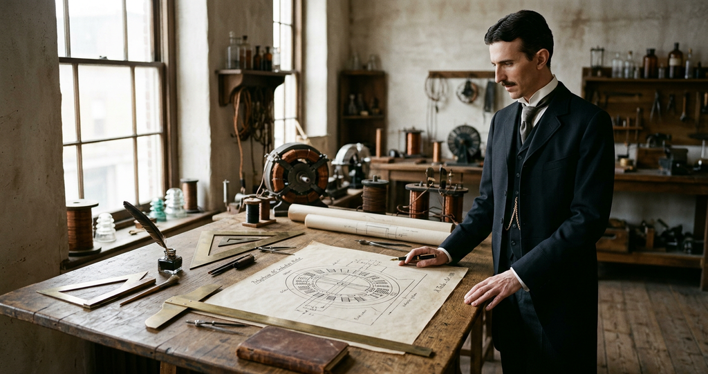 Nikola Tesla examines schematic drawings of an AC motor at a drafting table in his workshop.